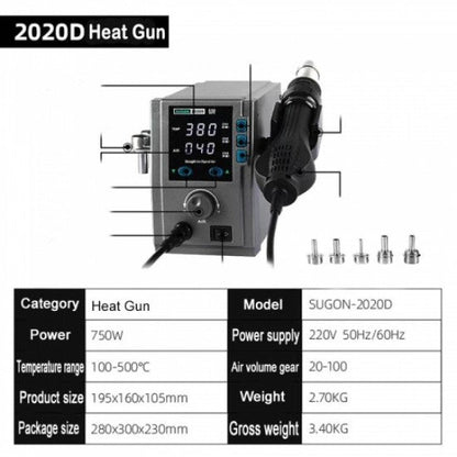 Sugon 2020D 700W Hot Air Gun Soldering Station With Heat Changing Channel - Lead Free Smd Rework Station - Premium Quality With Inverter Technology For Electronics Repairing