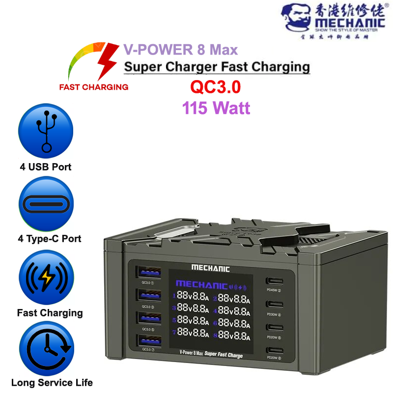 Mechanic V-Power 8 Max Super Fast Charge Qc3.0 Pd Usb Hub 8 Port 115 Watt.