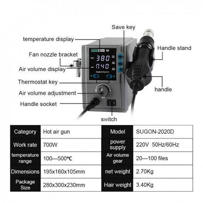 Sugon 2020D 700W Hot Air Gun Soldering Station With Heat Changing Channel - Lead Free Smd Rework Station - Premium Quality With Inverter Technology For Electronics Repairing